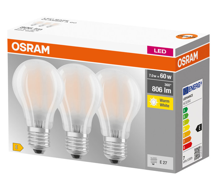 Osram LED Base matt standardpære E27 7 W 3-pk